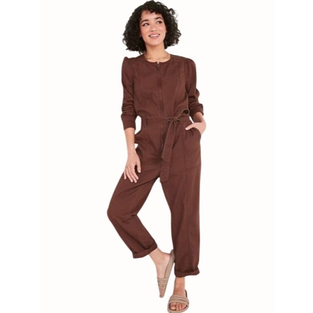 Old Navy Womens Brown Zip Front Utility Long-Sleeve Belted Jumpsuit NEW Medium